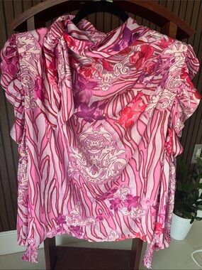 CobyCo Floral Print Ruffle Tie Neck Blouse Pink Size S